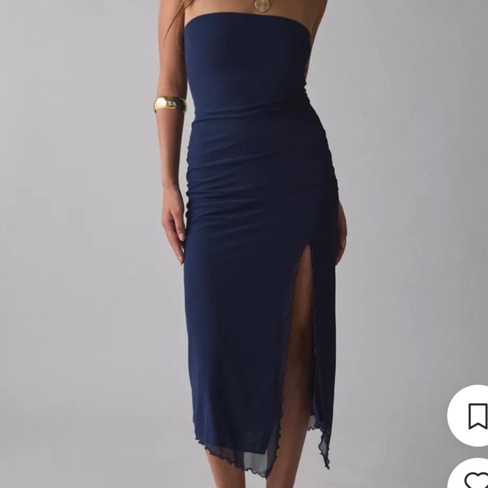Strapless Navy Midi Dress with Side Slit